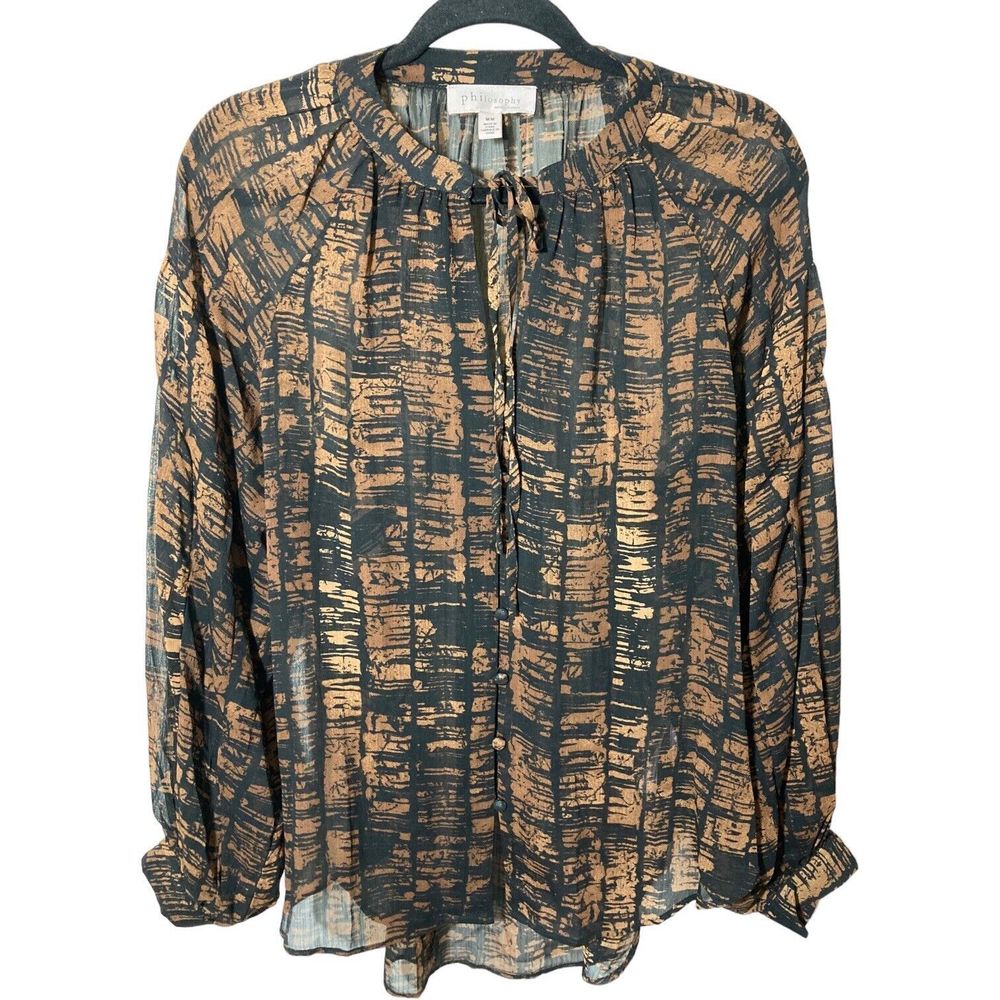Philosophy Womens Medium Sheer Smocked Top Brown/Black Blouse Long Puff Sleeve